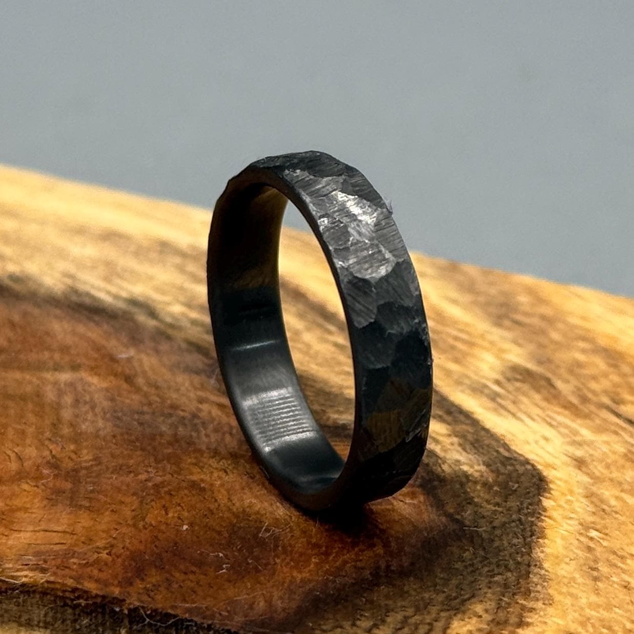 Hammered Black Zirconium Ring: Industrial Minimalist Wedding Band