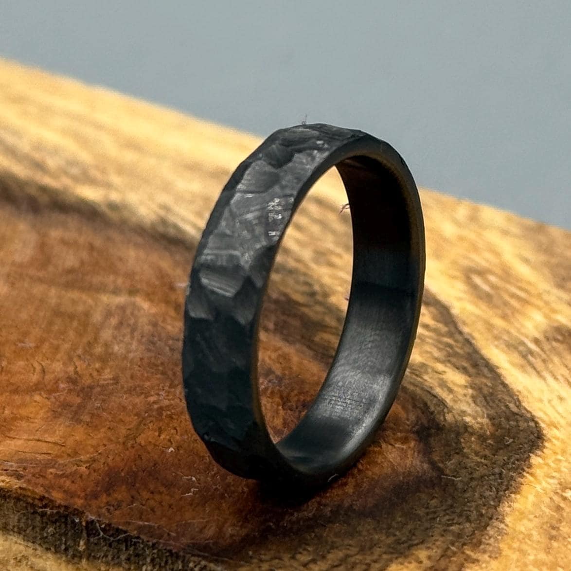 Hammered Black Zirconium Ring: Industrial Minimalist Wedding Band