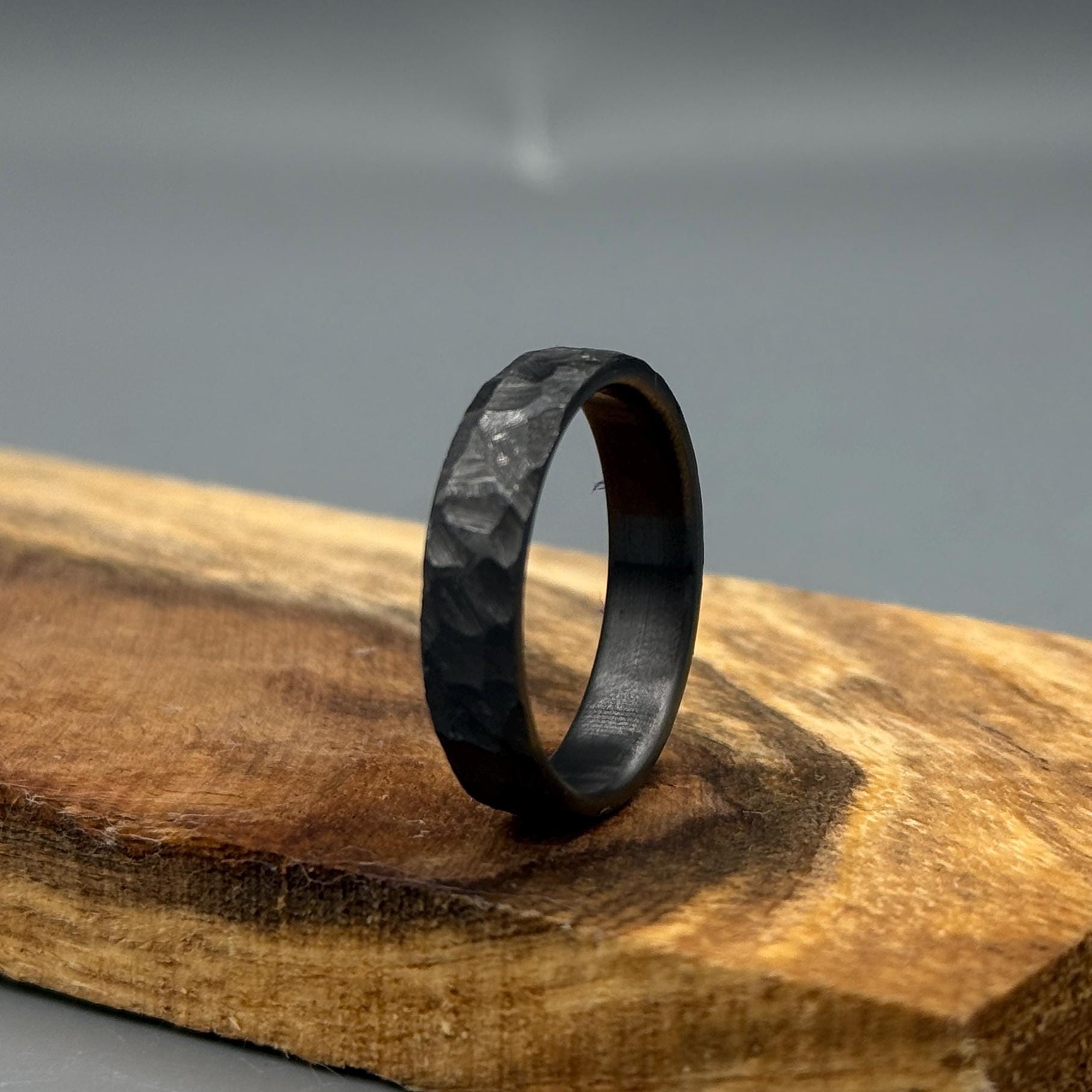 Hammered Black Zirconium Ring: Industrial Minimalist Wedding Band
