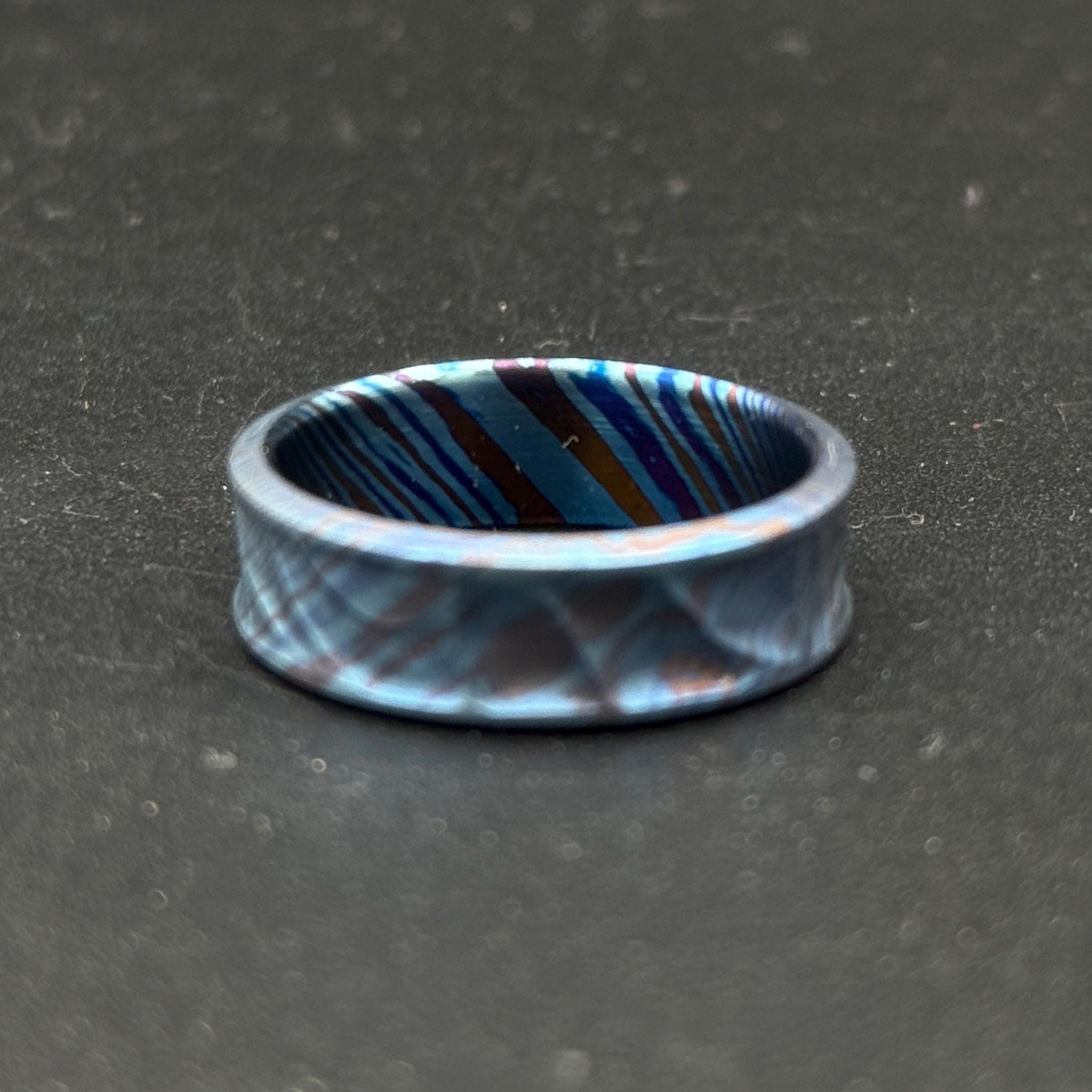 Minimalist Timascus Engraved Ring: Mokuti Mountain Nature Lover Band