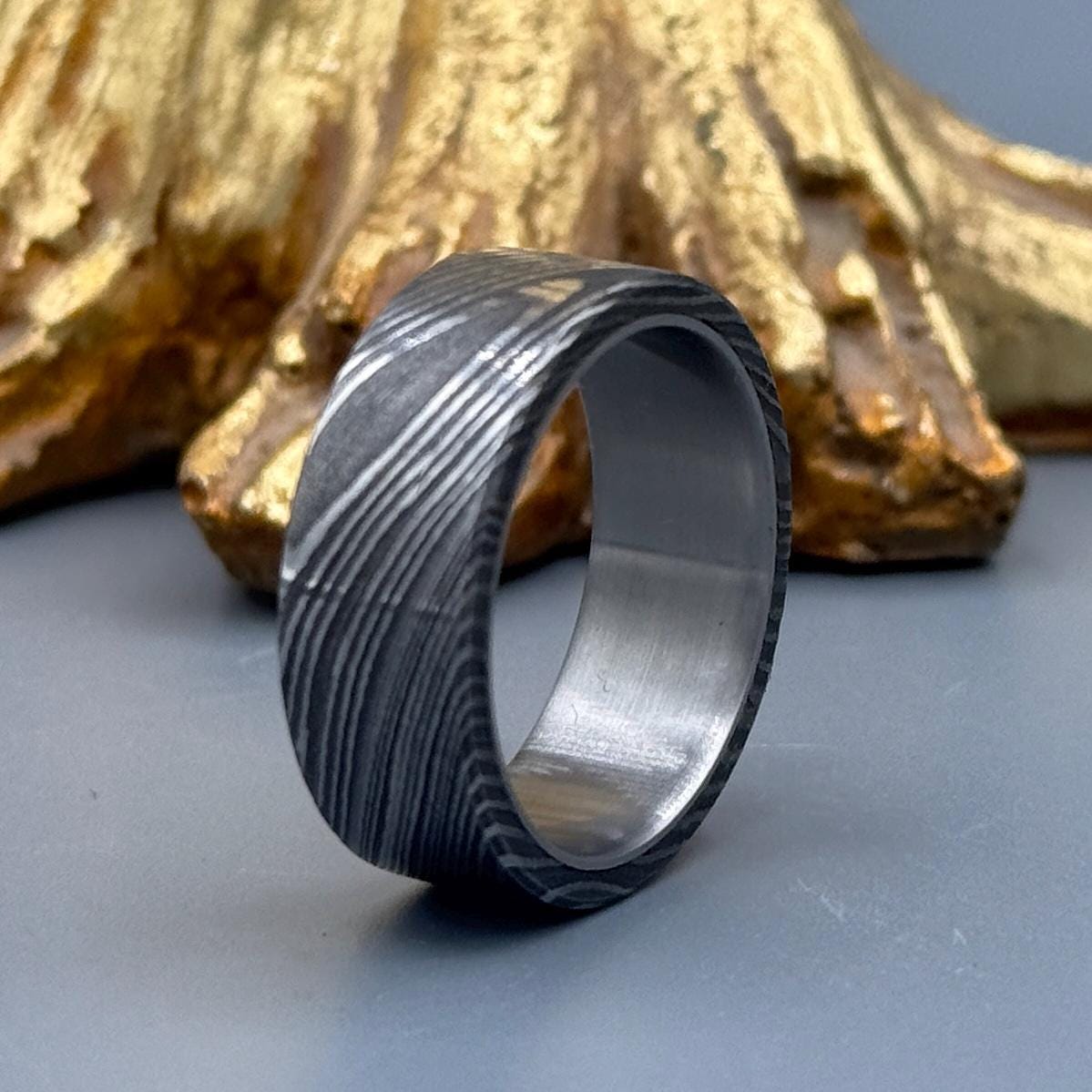 Hammered Damascus Steel Ring: Titanium Inlay, Comfort Fit Wedding Band, Flat Design