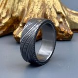 Hammered Damascus Steel Ring: Titanium Inlay, Comfort Fit Wedding Band, Flat Design