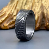 Hammered Damascus Steel Ring: Titanium Inlay, Comfort Fit Wedding Band, Flat Design