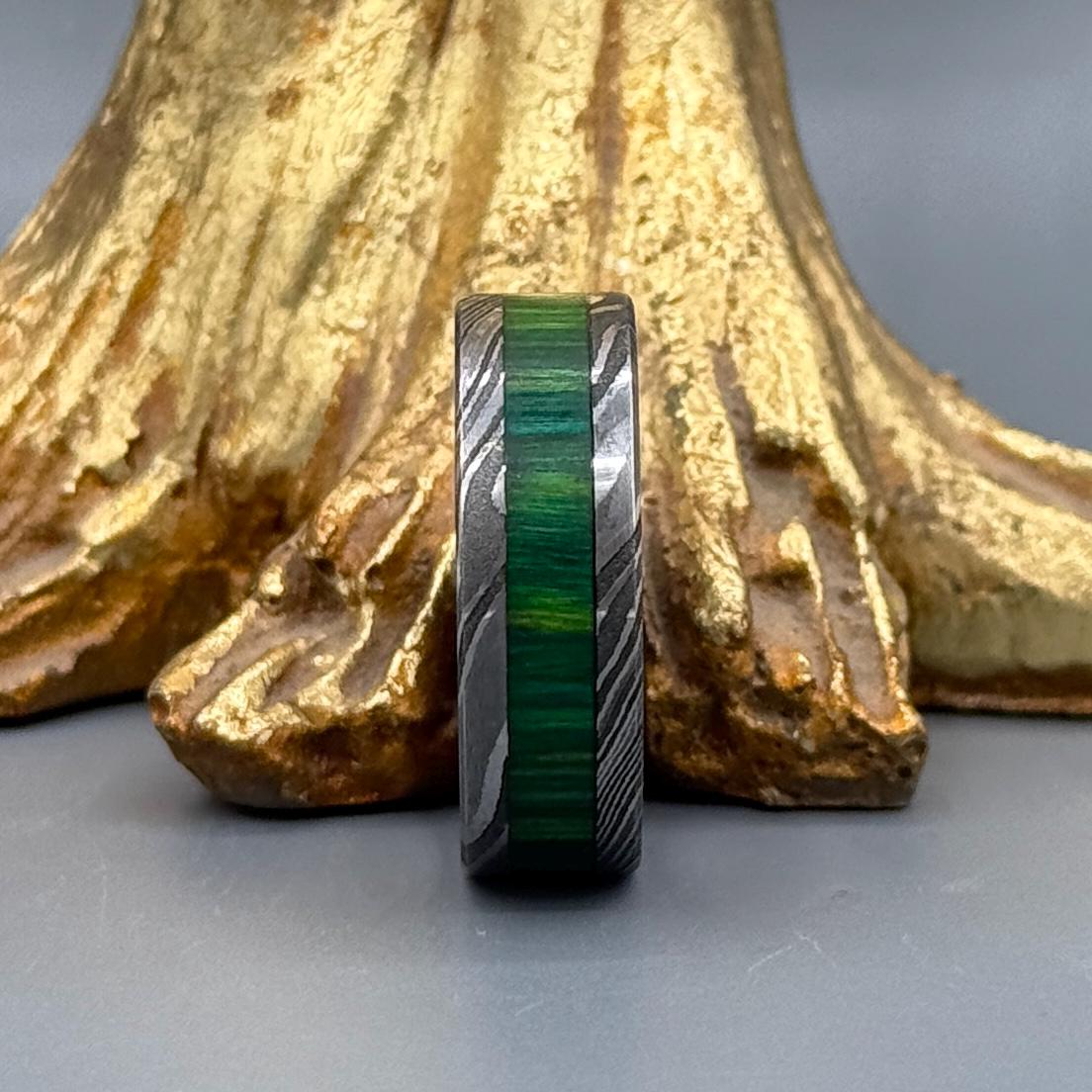 The Verdant Damascus Steel Ring with Wood Inlay - 8mm Mens Band