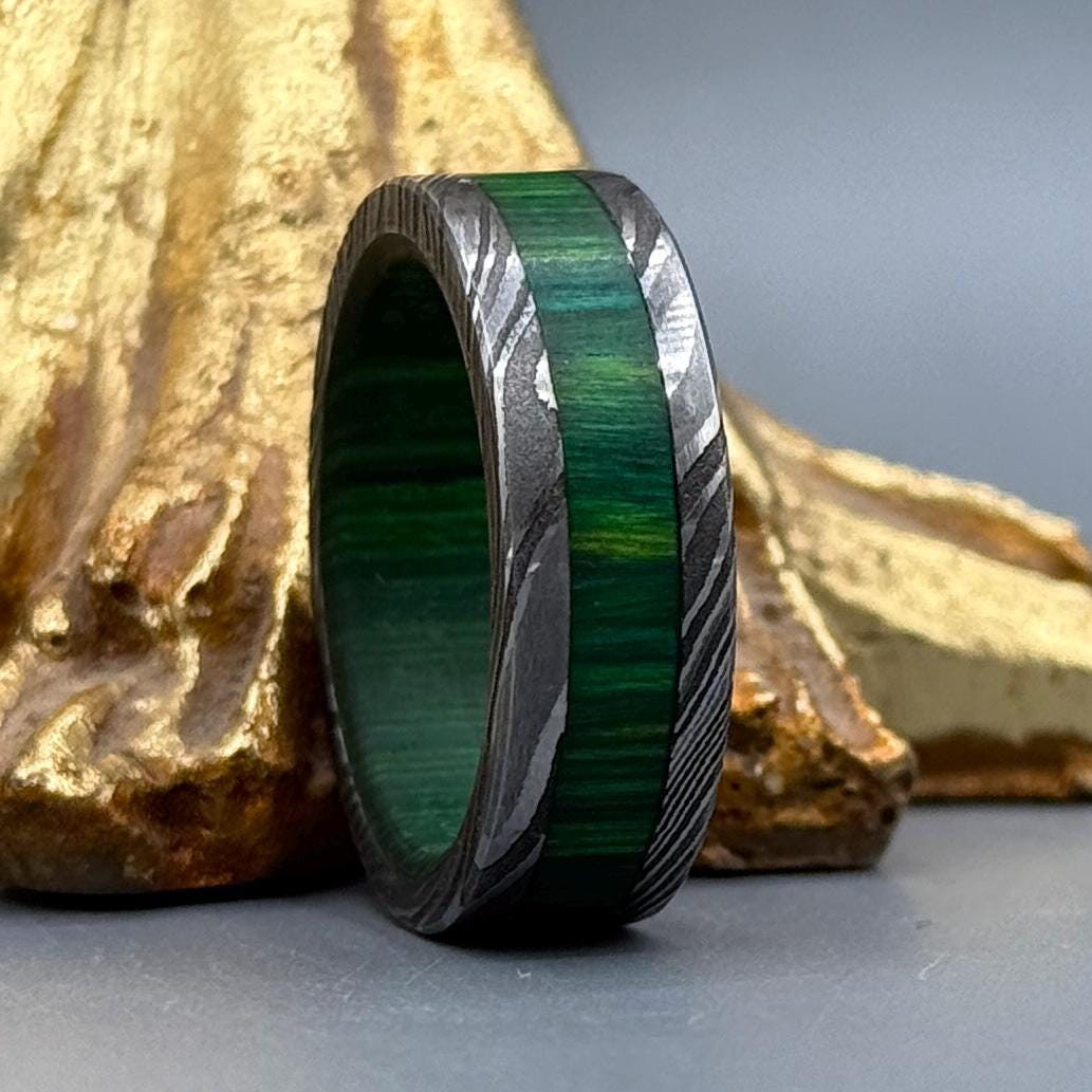 The Verdant Damascus Steel Ring with Wood Inlay - 8mm Mens Band