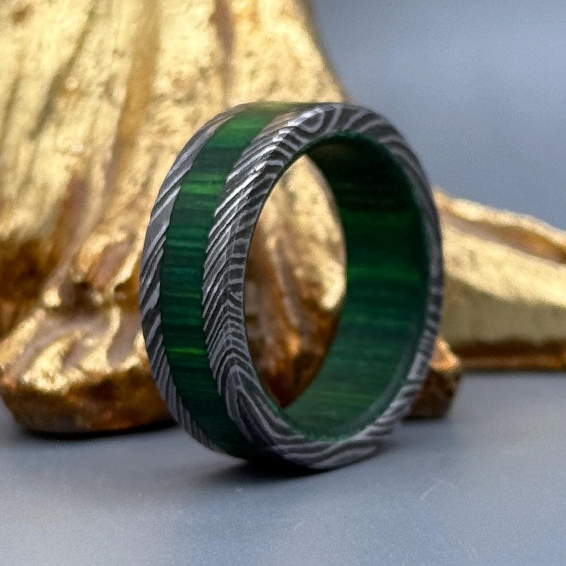 The Verdant Damascus Steel Ring with Wood Inlay - 8mm Mens Band