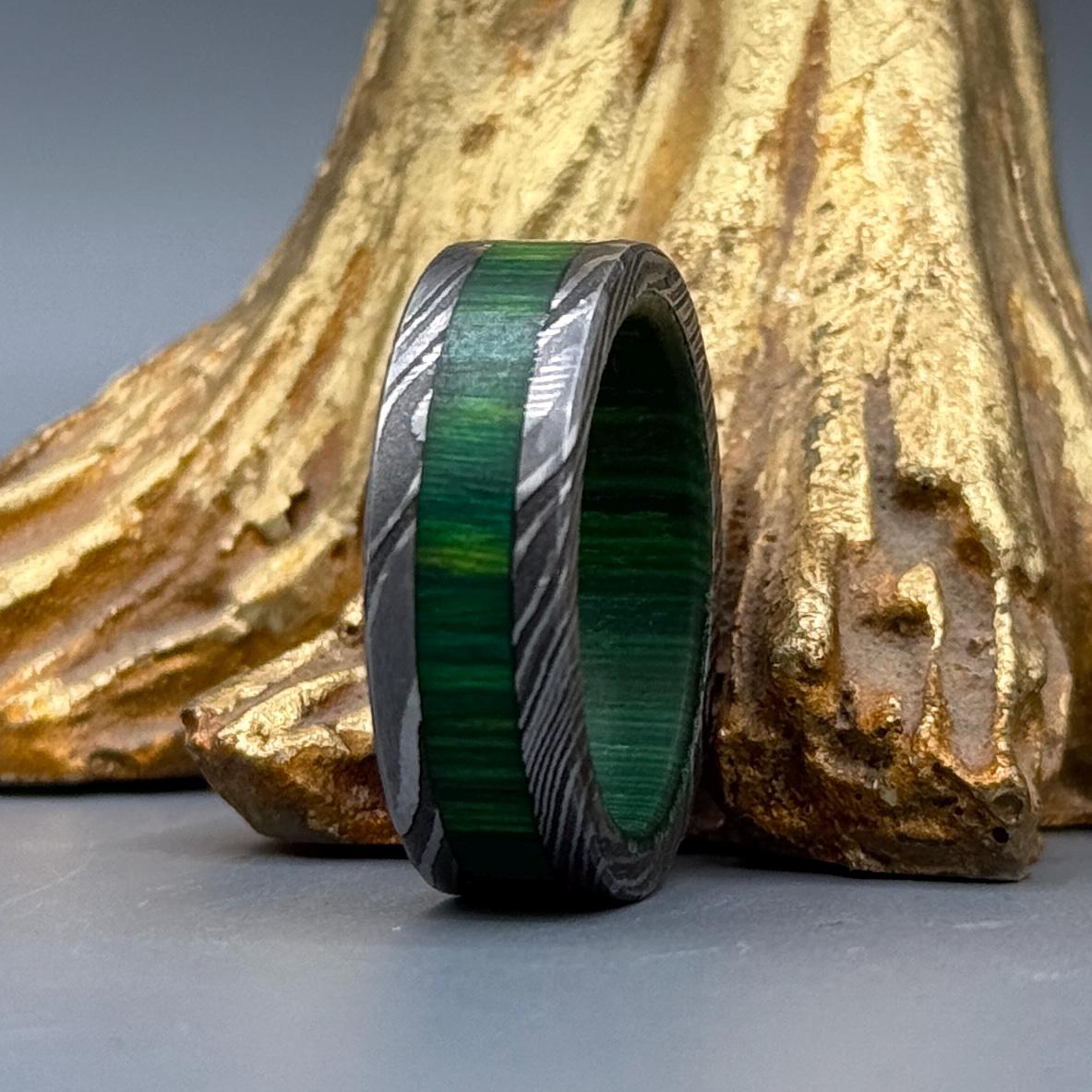 The Verdant Damascus Steel Ring with Wood Inlay - 8mm Mens Band