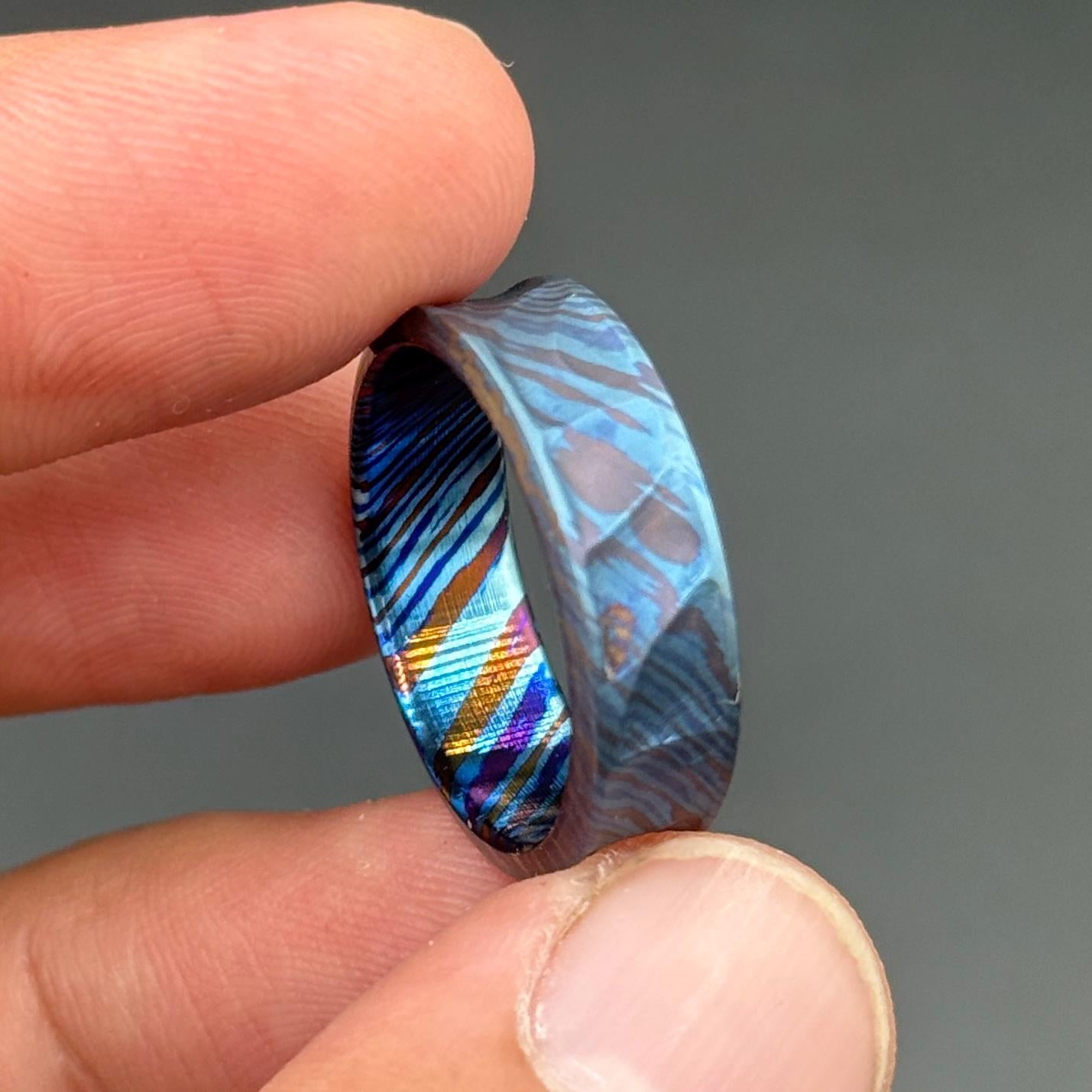 Minimalist Timascus Engraved Ring: Mokuti Mountain Nature Lover Band