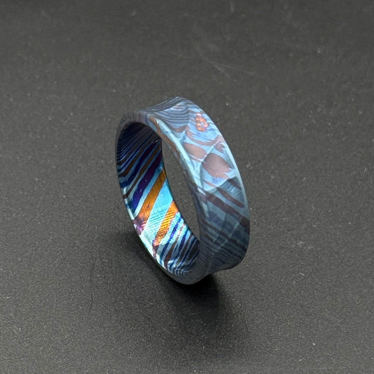 Minimalist Timascus Engraved Ring: Mokuti Mountain Nature Lover Band
