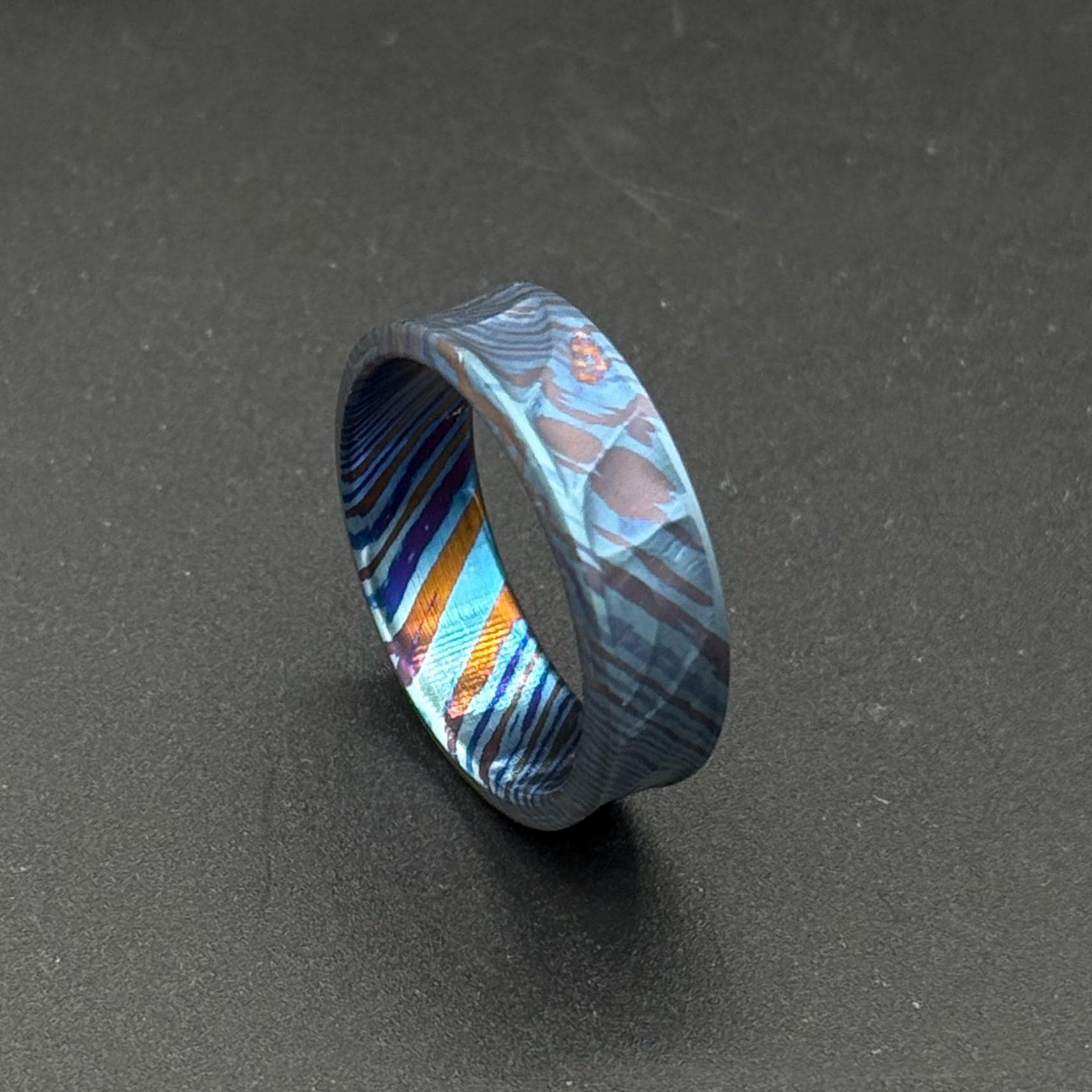 Minimalist Timascus Engraved Ring: Mokuti Mountain Nature Lover Band