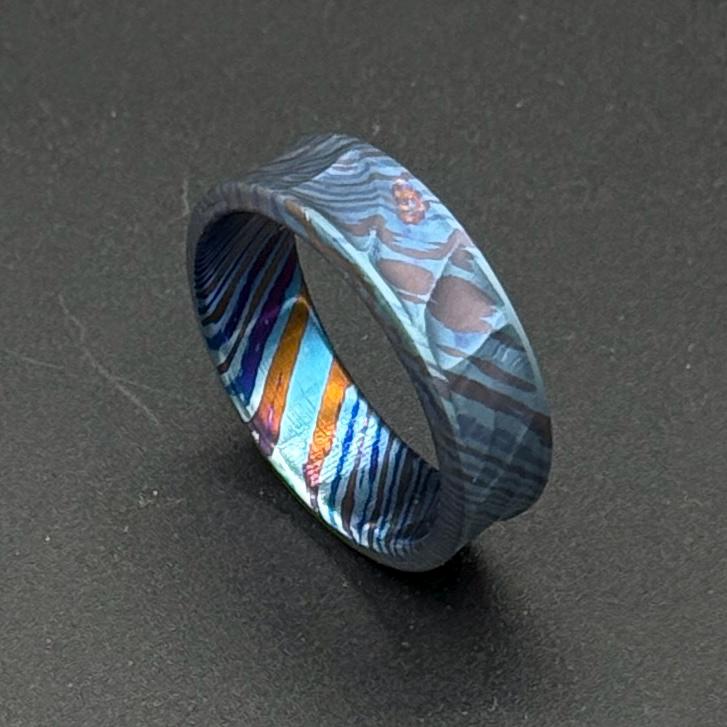 Minimalist Timascus Engraved Ring: Mokuti Mountain Nature Lover Band