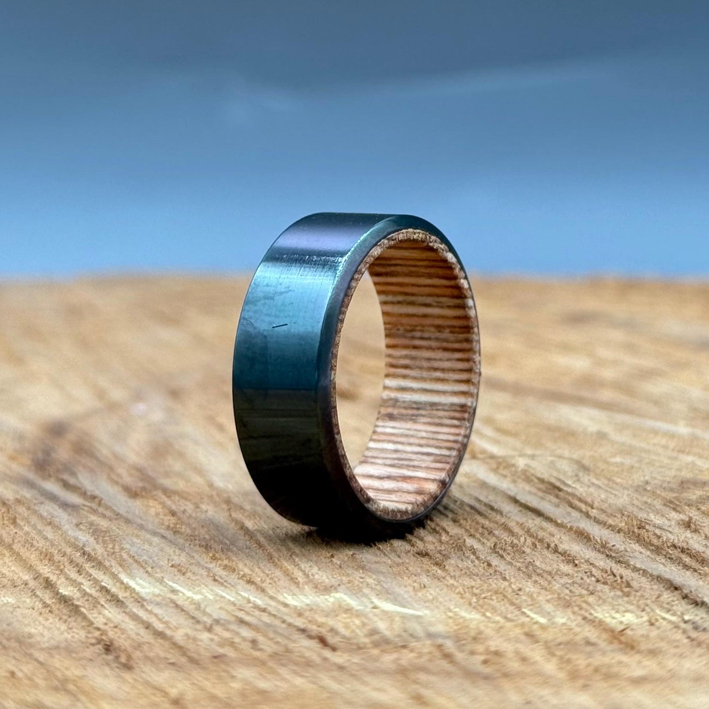 Hammered Black Zirconium Ring with Barrel Wood Inlay - Handcrafted