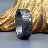 Hammered Damascus Steel Ring: Titanium Inlay, Comfort Fit Wedding Band, Flat Design