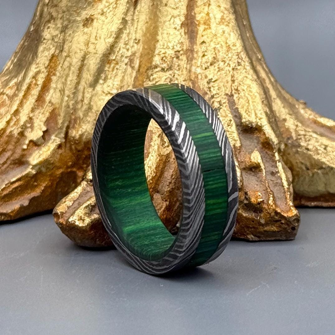 The Verdant Damascus Steel Ring with Wood Inlay - 8mm Mens Band