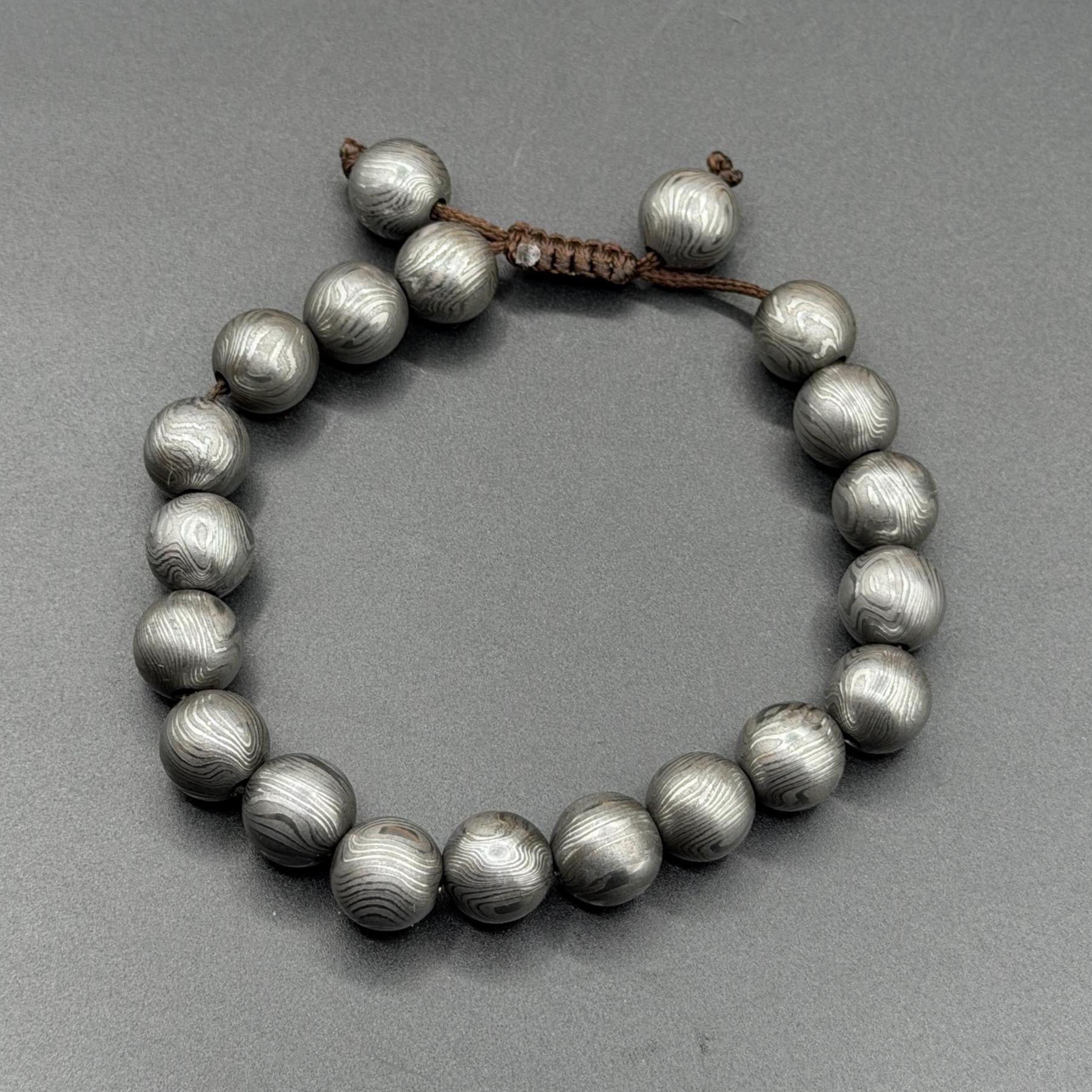 Viking Damascus Steel Beaded Bracelet – Adjustable, Handcrafted