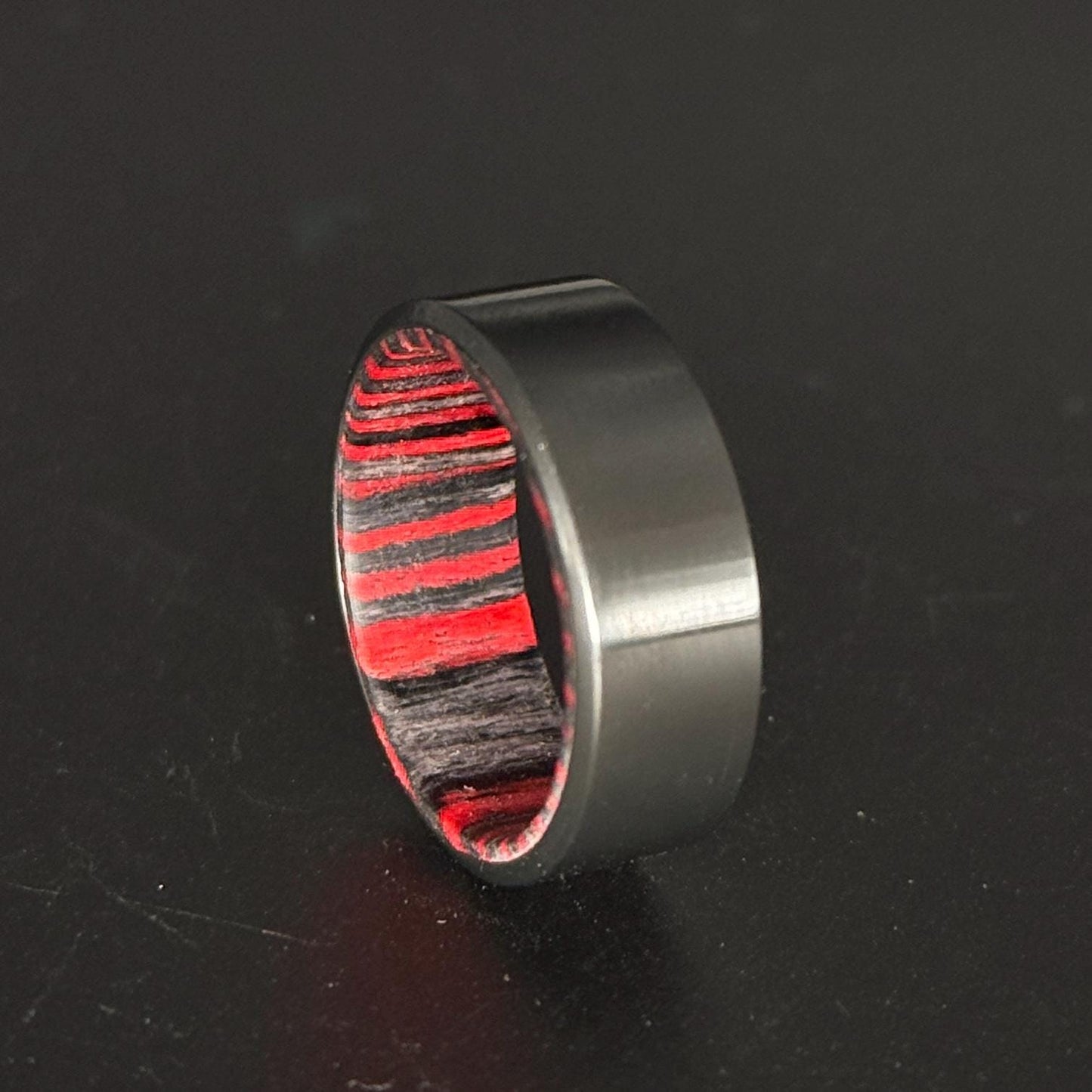 Handcrafted Zirconium Ring with Red &amp; Black Wood Inlay