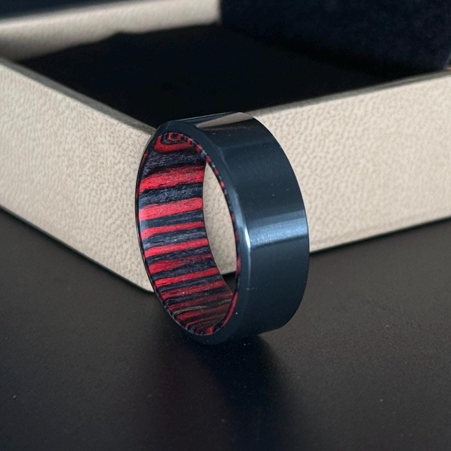 Handcrafted Zirconium Ring with Red &amp; Black Wood Inlay