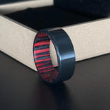 Handcrafted Zirconium Ring with Red &amp; Black Wood Inlay
