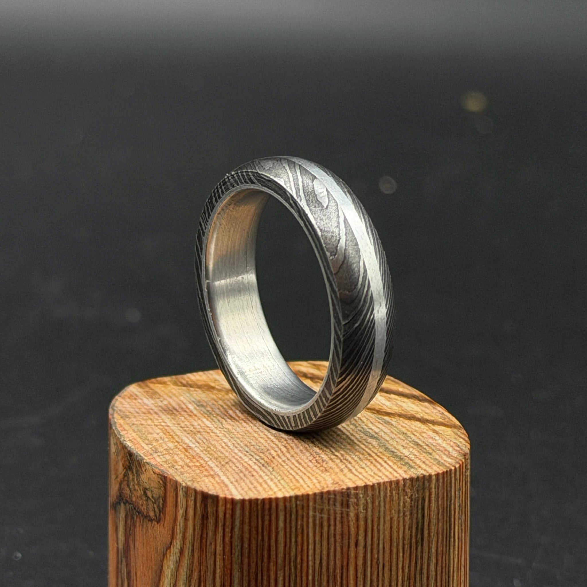 Handmade Damascus Steel Ring with Silver Inlay - Unique Wedding Band