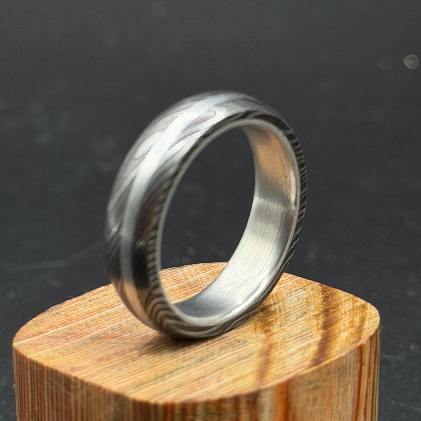 Handmade Damascus Steel Ring with Silver Inlay - Unique Wedding Band