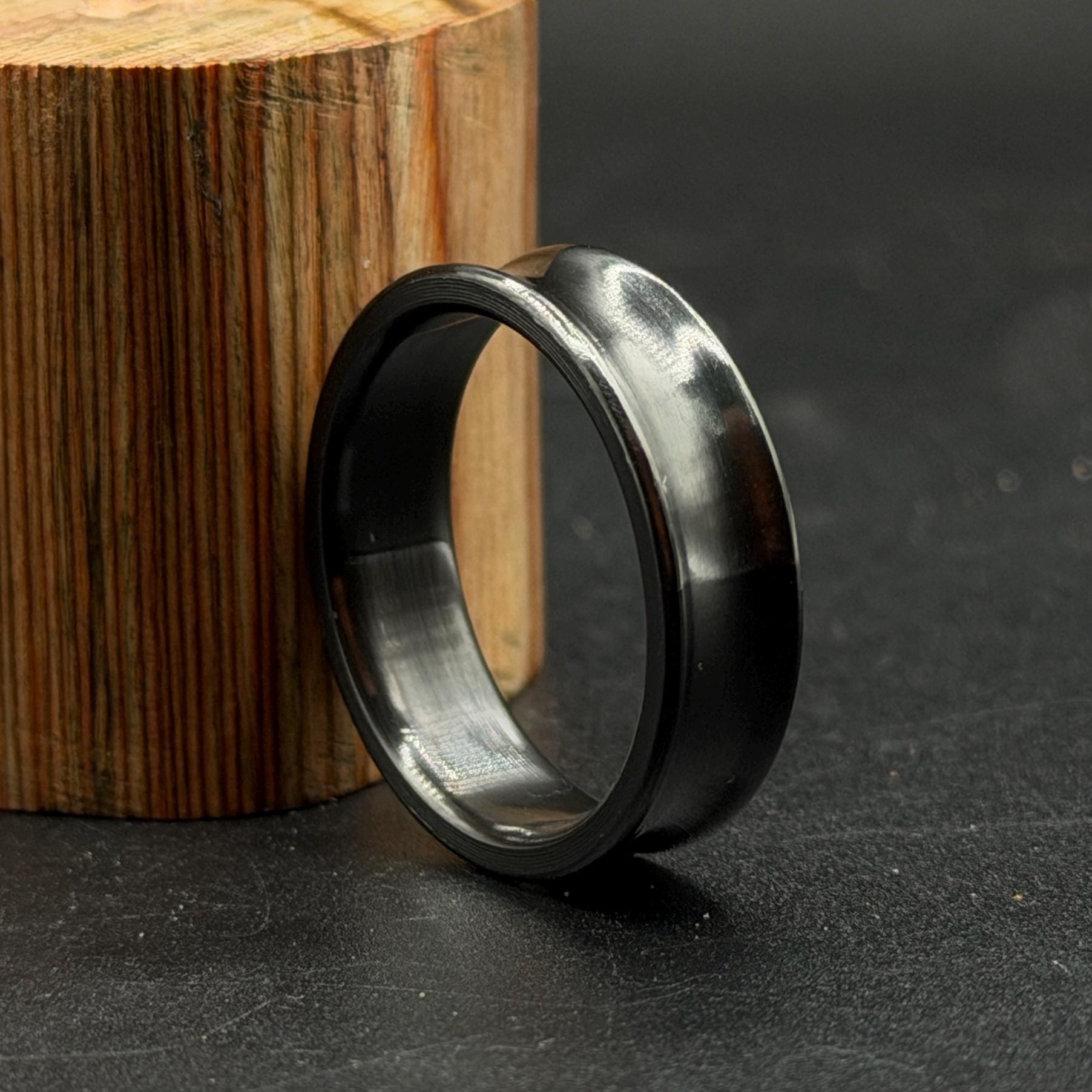Minimalist Zirconium Ring: Polished  Black Wedding Band, Handcrafted USA