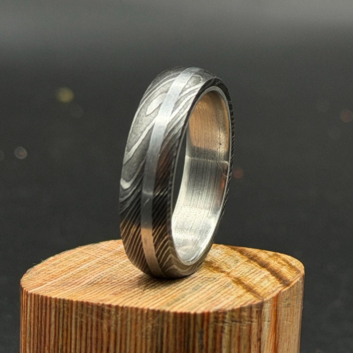 Handmade Damascus Steel Ring with Silver Inlay - Unique Wedding Band