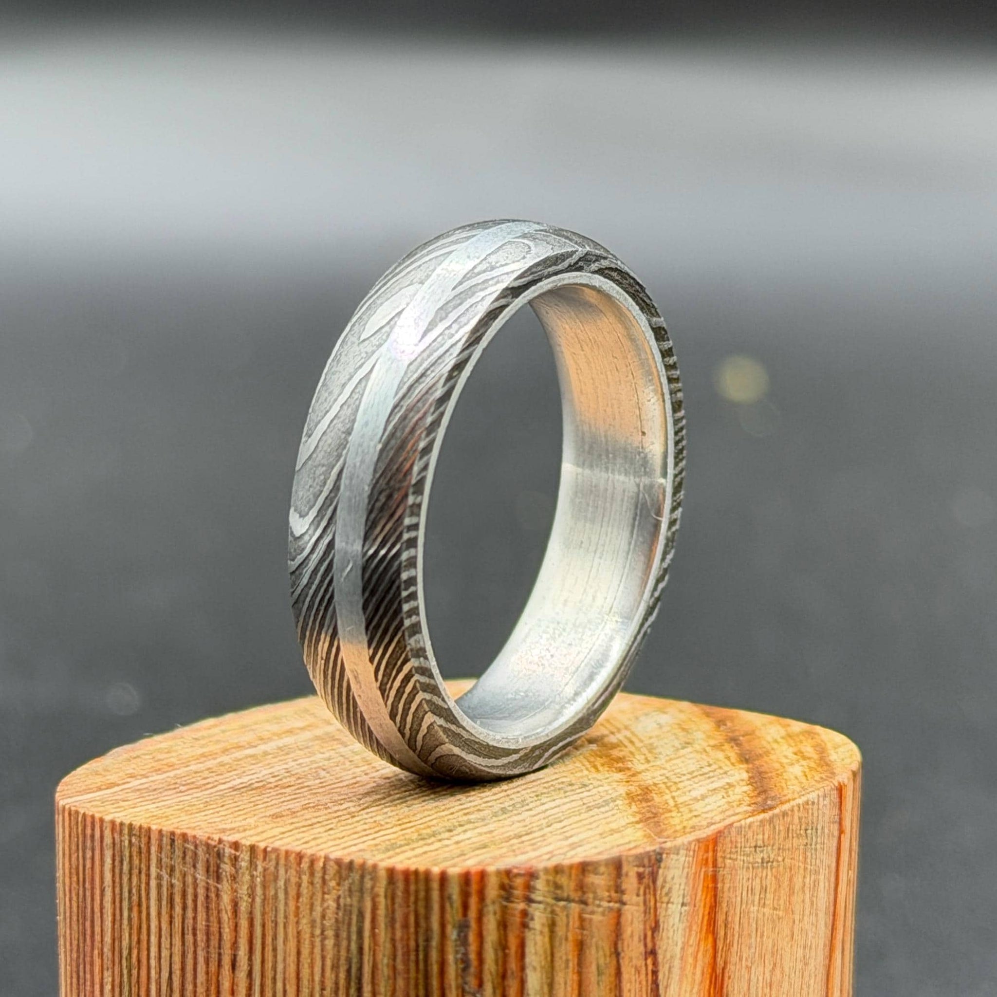 Handmade Damascus Steel Ring with Silver Inlay - Unique Wedding Band