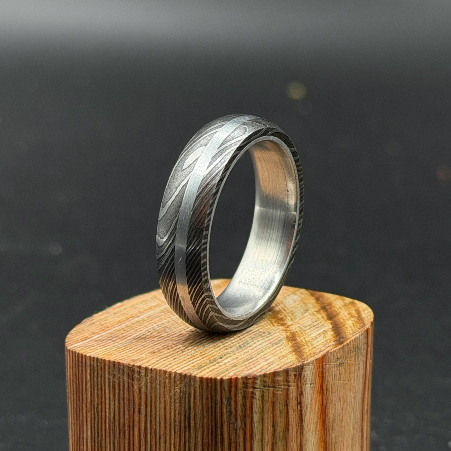 Handmade Damascus Steel Ring with Silver Inlay - Unique Wedding Band